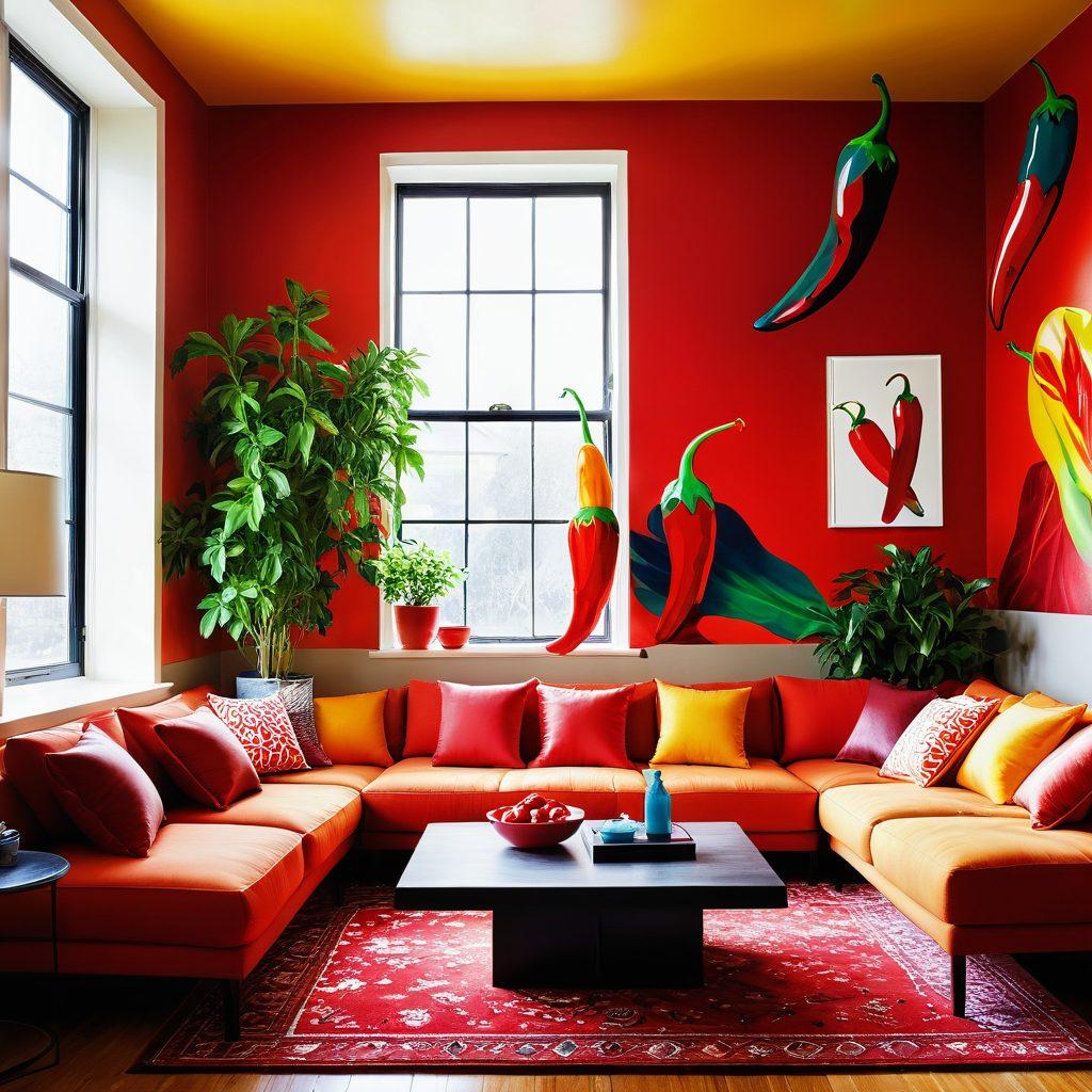A vibrant living room adorned with chili-themed decor, featuring colorful chili pepper patterned cushions, a bright red chili rug, and a lively wall mural of abstract chili forms. Sunlight streams through large windows, creating an inviting atmosphere filled with joy and warmth. Include cozy seating and decorative plants to enhance the blissful vibe. super-realistic. vibrant colors. warm tones.