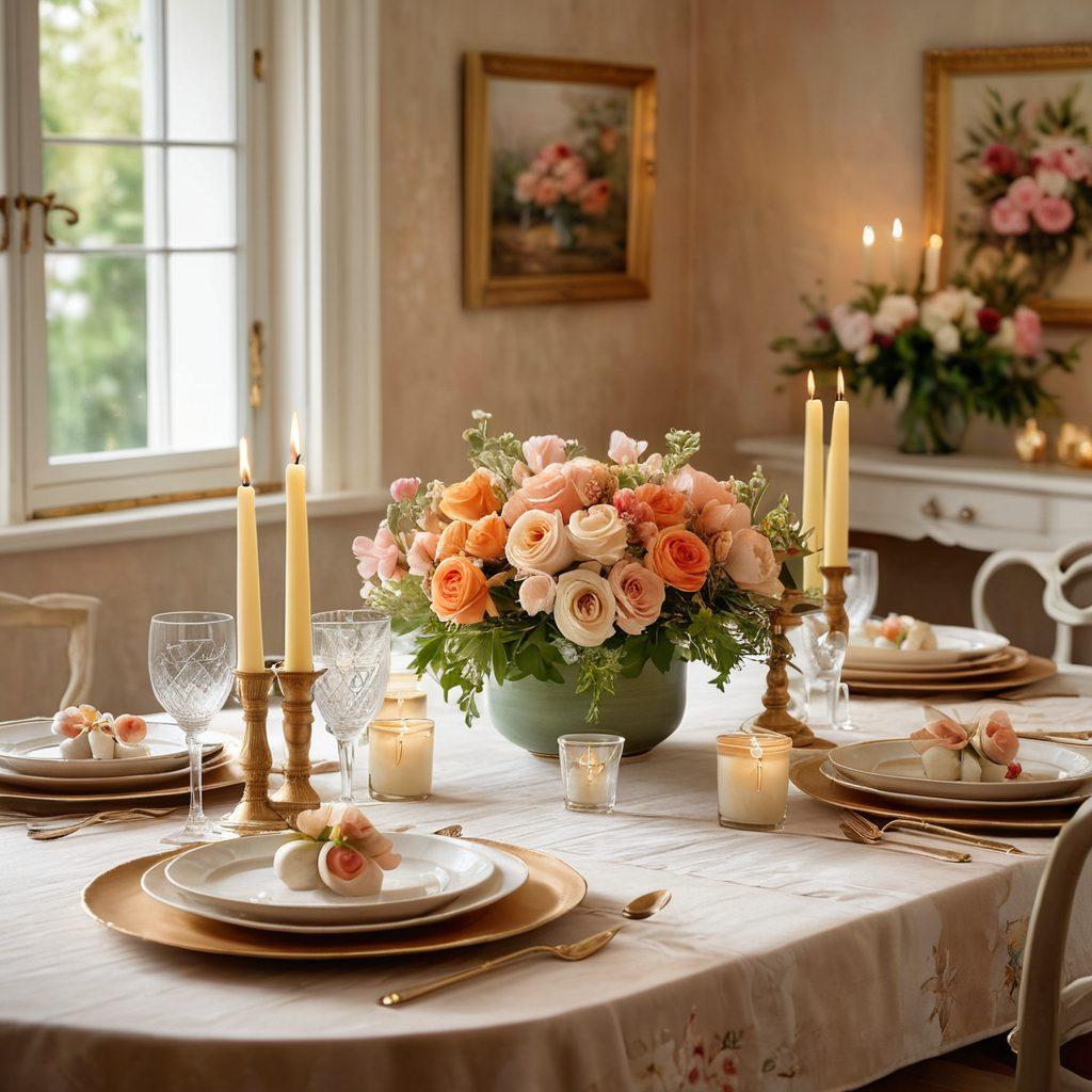 A beautifully set dining table featuring elegant tableware, intricate placemats, and stylish centerpieces. Soft, warm lighting enhances the cozy atmosphere, while decorative candles and fresh flowers add a touch of sophistication. A backdrop of a softly painted wall hints at a contented home environment, creating an inviting scene for gatherings. watercolor painting. warm tones. elegant style.