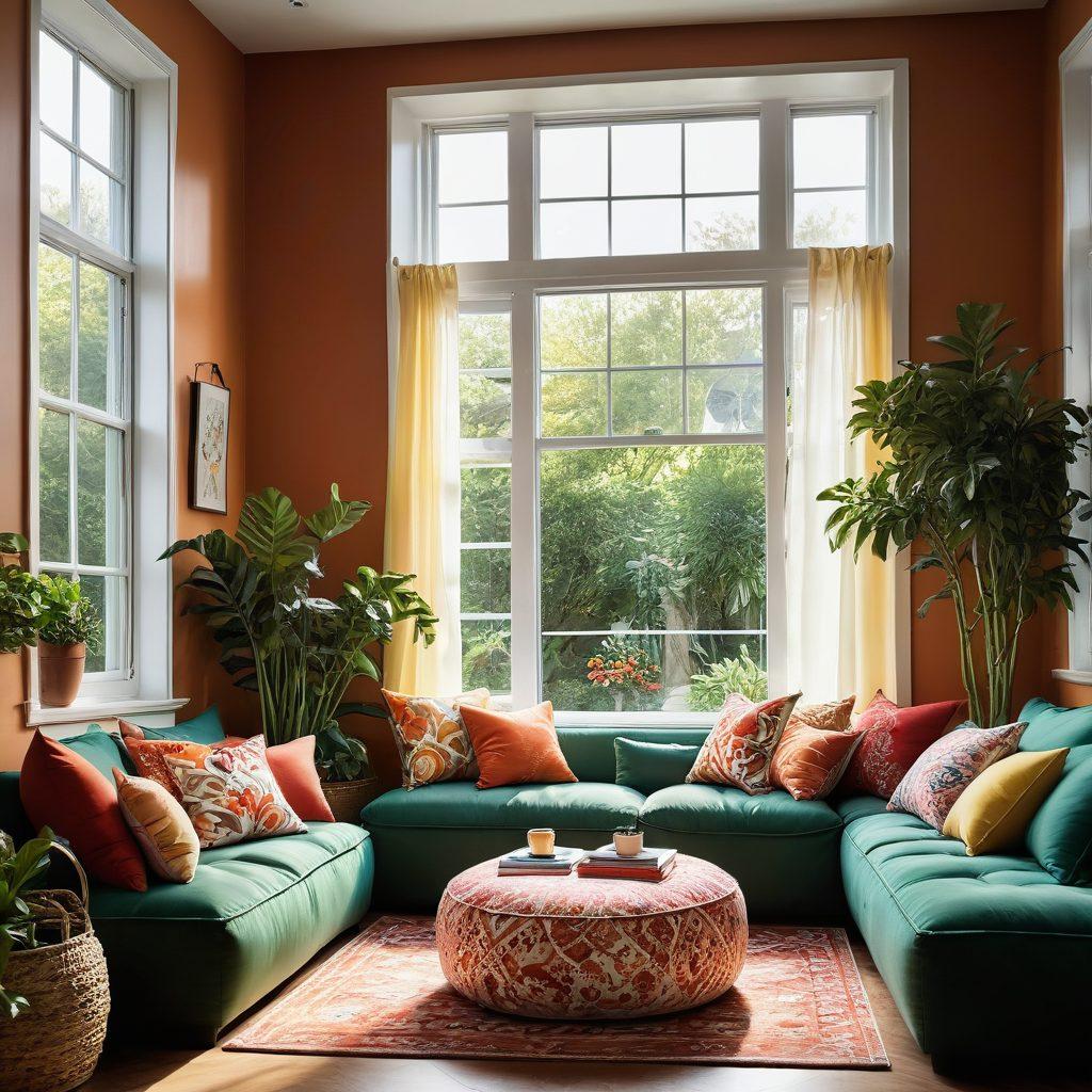 A bright, airy interior filled with vibrant chili-colored accents and playful decor, showcasing cheerful patterns and lush plants. Sunlight streams through large windows, casting warm shadows on the whimsical furniture. A cozy reading nook features a bean bag and colorful cushions, inviting relaxation. The overall atmosphere exudes a sense of joy and blissful living. super-realistic. vibrant colors. cozy atmosphere.